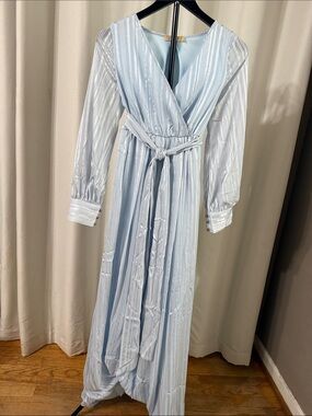 Women's Light Blue Striped Maxi Wrap Dress with Waist Tie